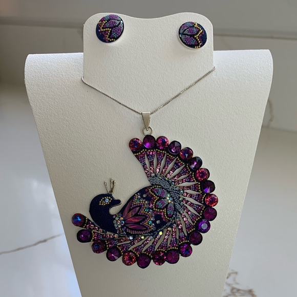 Purple Crystals Peacock Sterling Silver 925 Pendant & Earrings - Picture 10 of 12